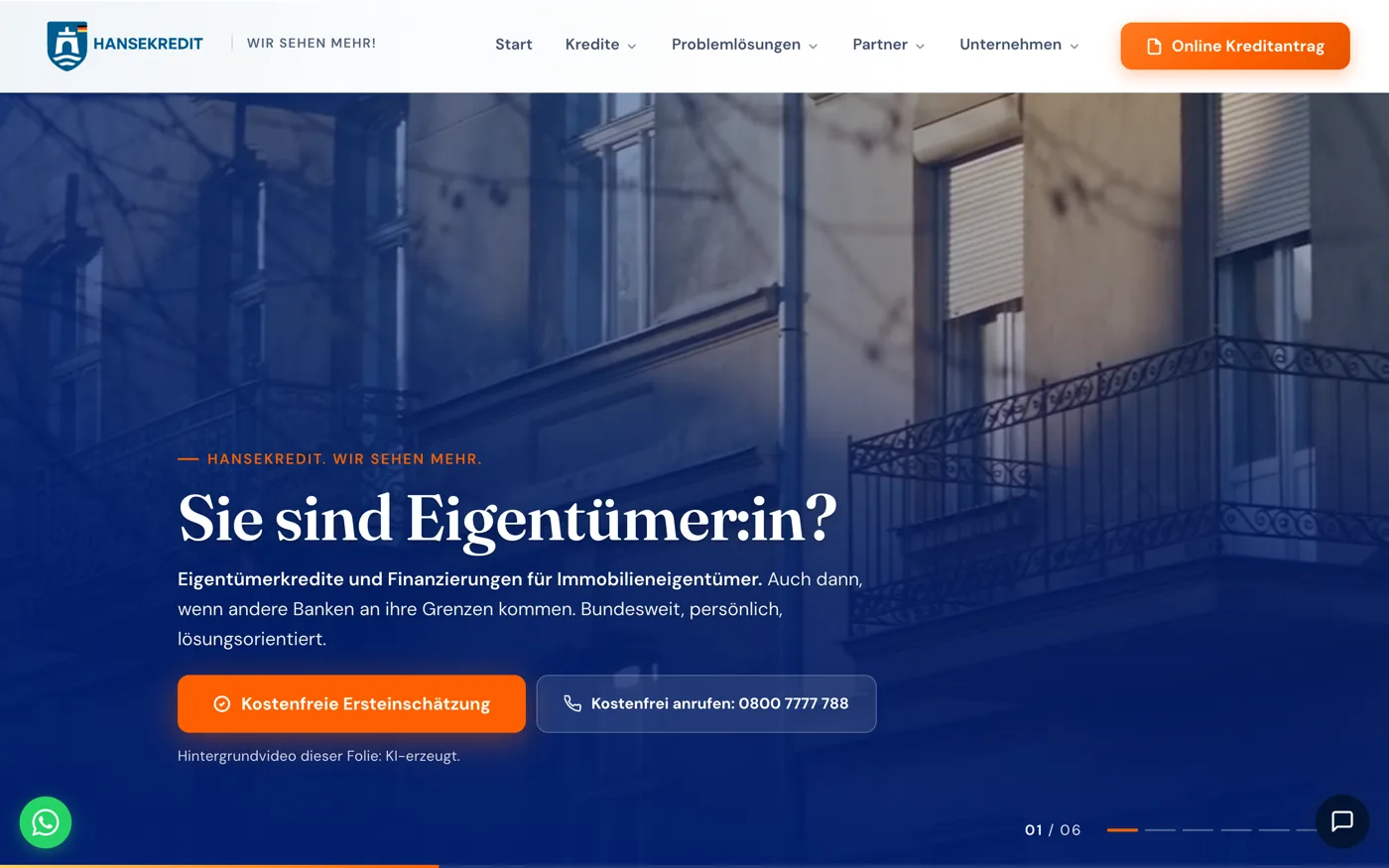 Die heutige Website von HANSEKREDIT: dunkelblauer Auftritt mit klarer Anfragestrecke