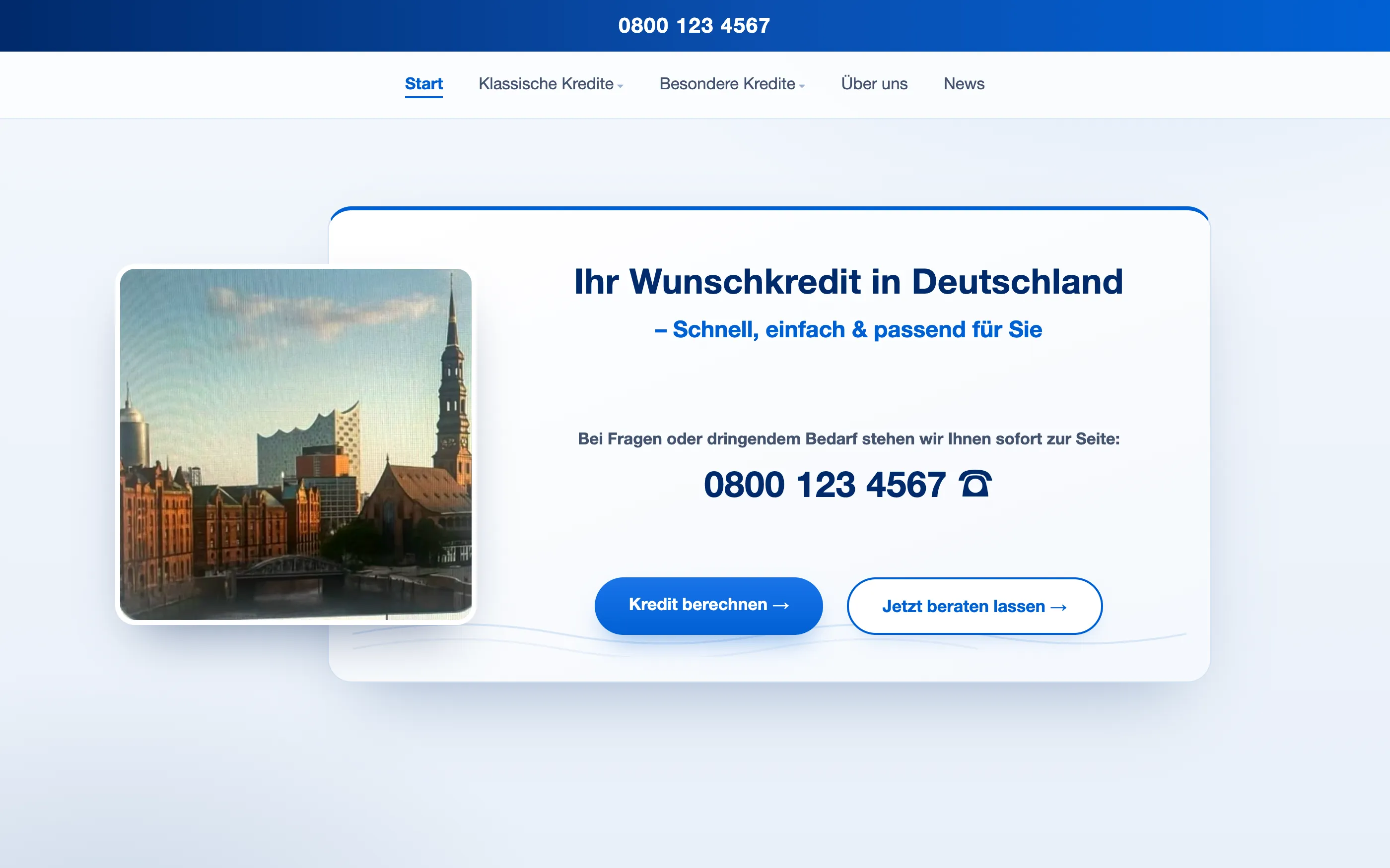 Die erste Fassung der Website (Wix), nachgebaut: heller Auftritt mit Hamburg-Motiv und zwei Buttons
