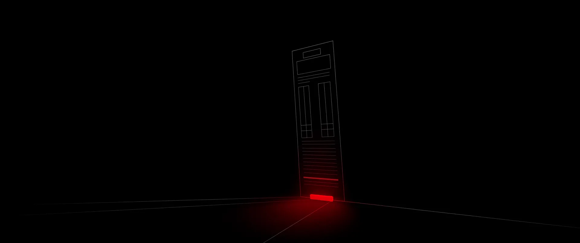Ein einzelnes hochformatiges Seitenlayout als Drahtgitter, darunter ein roter Lichtschein auf dunklem Boden