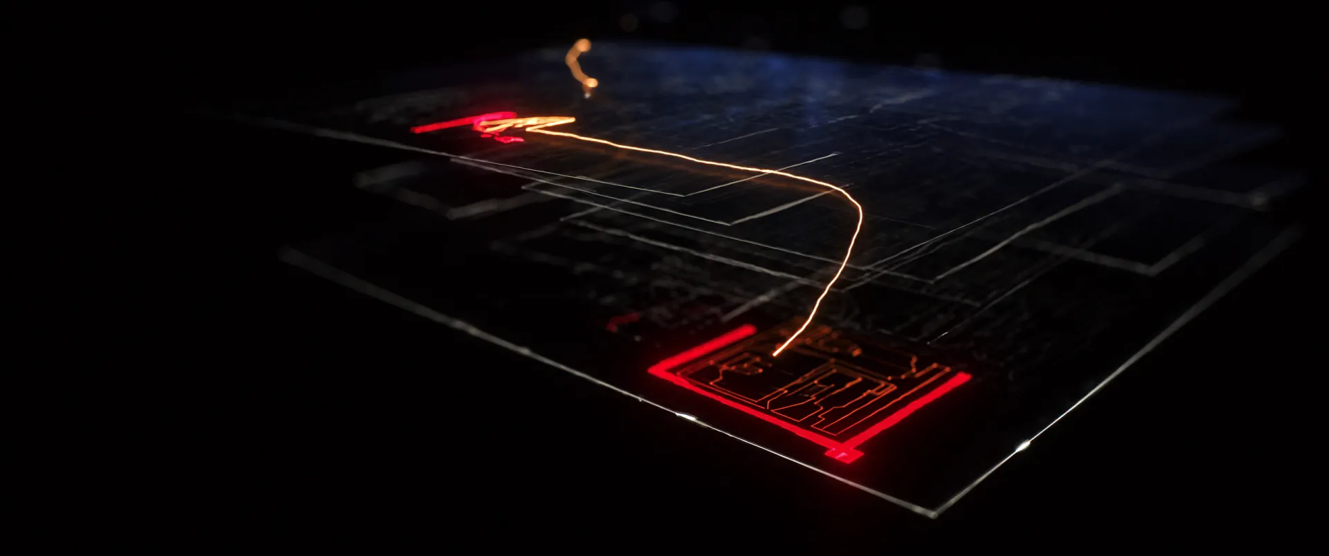 Eine schräg liegende Layoutfläche als Drahtgitter, über die eine helle Linie einen Weg zeichnet