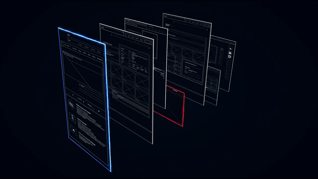 Gestaffelte Seitenlayouts als Drahtgitter, die vorderste Kante blau leuchtend